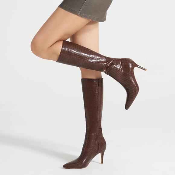 Alicepub Knee High Boots Women’s 9.5 Brown Croc Faux Leather Pointed Toe Zip - Picture 1 of 16